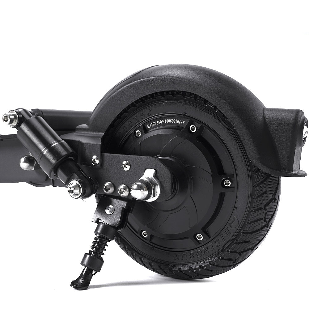 Close-up of a black JOYOR F3 FOLDING electric scooter wheel with a black fender, black tire, and black suspension fork and kickstand on a white background.