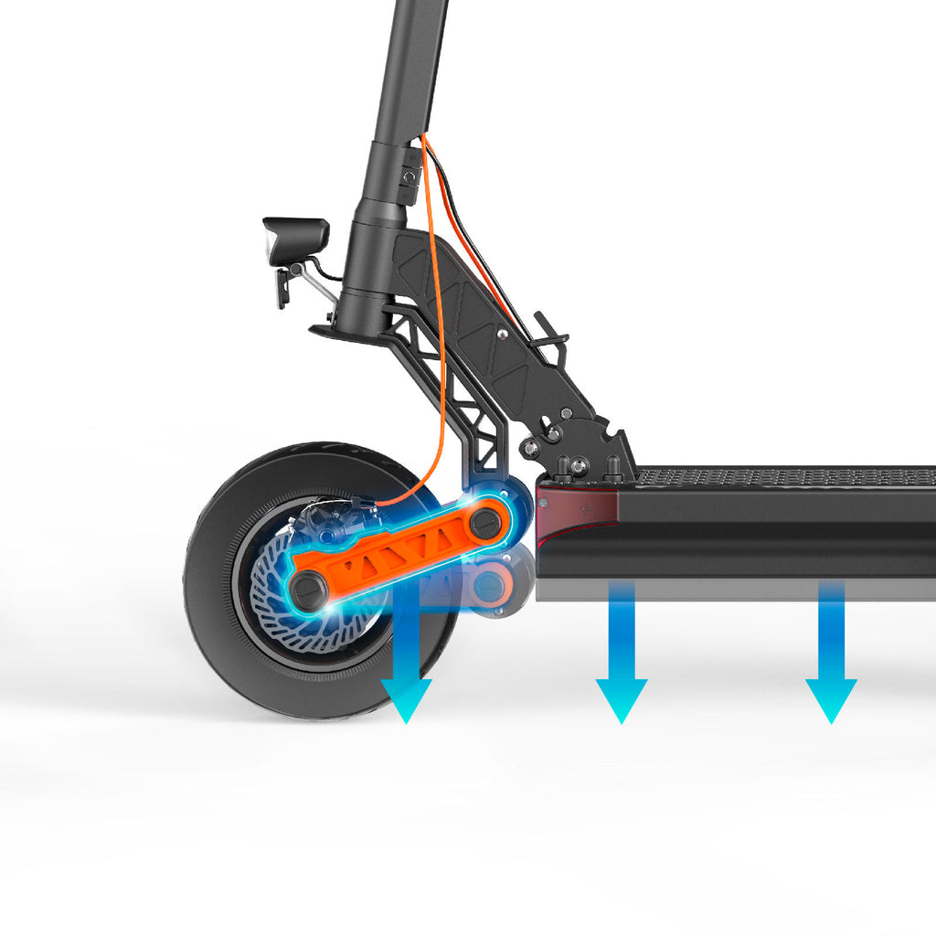 A side-view technical illustration of a black electric scooter with blue and orange highlighted suspension components and downward force arrows, shown on a light gray background.