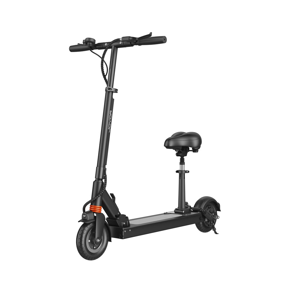 A black JOYOR F3 electric folding scooter with a step-through deck, saddle seat, and front suspension, shown on a plain white background.