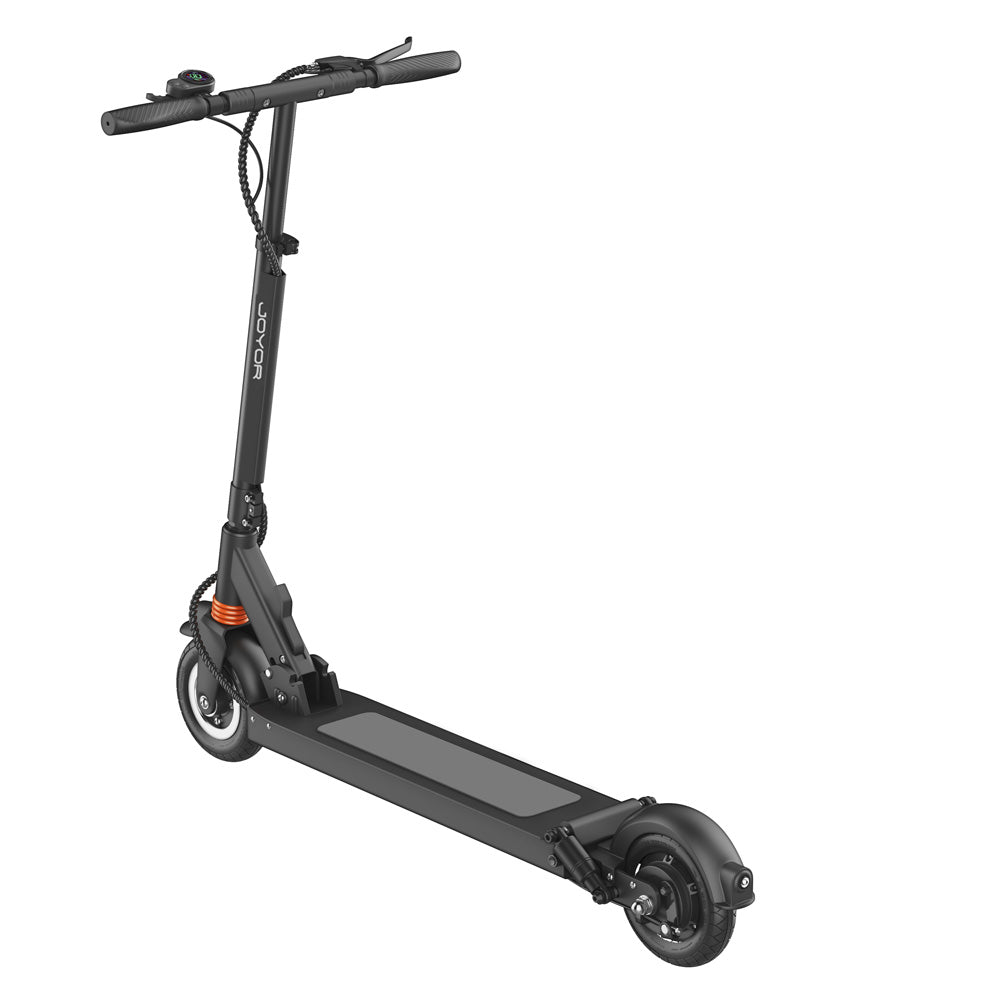 A black JOYOR F3 folding electric scooter with a sleek, minimalist design, featuring a flat deck, adjustable handlebars, and dual wheels, shown on a solid white background.