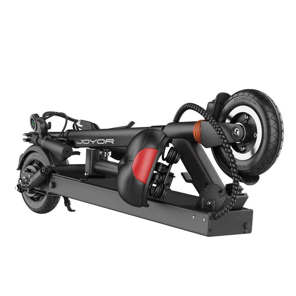 A black JOYOR F3 folding electric scooter shown in its folded position on a plain white background, featuring red and orange accent panels.