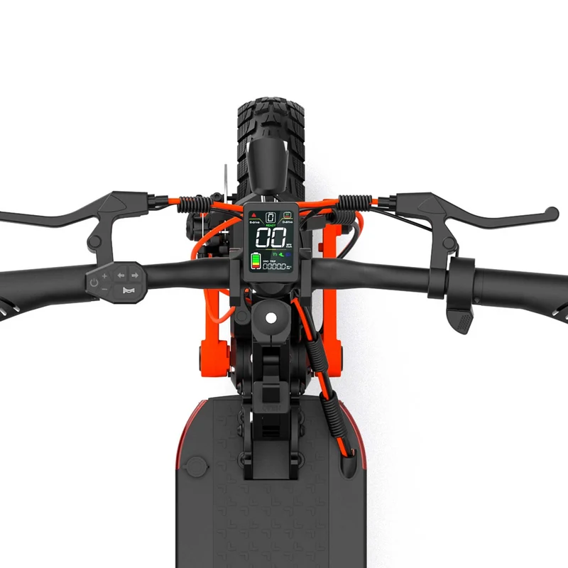 Close-up of a JOYOR S5Z scooter handlebar with control panel on a white background showroom display Revolt Petaling Jaya.