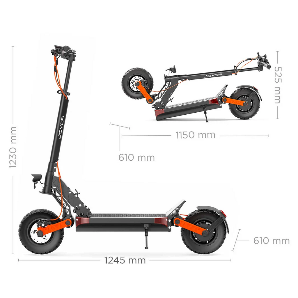 Dimensions of a black and orange Joyor S5Z electric scooter with measurements on a white background