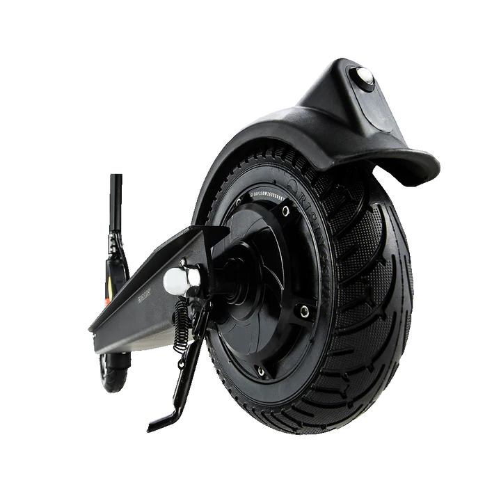 A close-up of a black joyor f1 electric scooter wheel with a black tire, black fender, and black frame components on a plain white background.