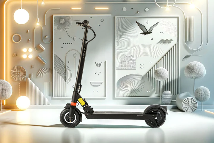 A black joyor f1 electric scooter is shown in a stylized studio setting with decorative wall panels, glowing lights, and sculptural props. No person or animal is present, so this is Product/Packaging rather than Lifestyle.