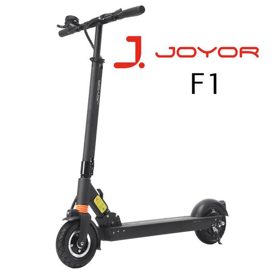 A black JOYOR F1 lightweight foldable electric scooter shown from a side profile on a plain white background, with the JOYOR brand name and model F1 displayed in red and black text above the scooter.