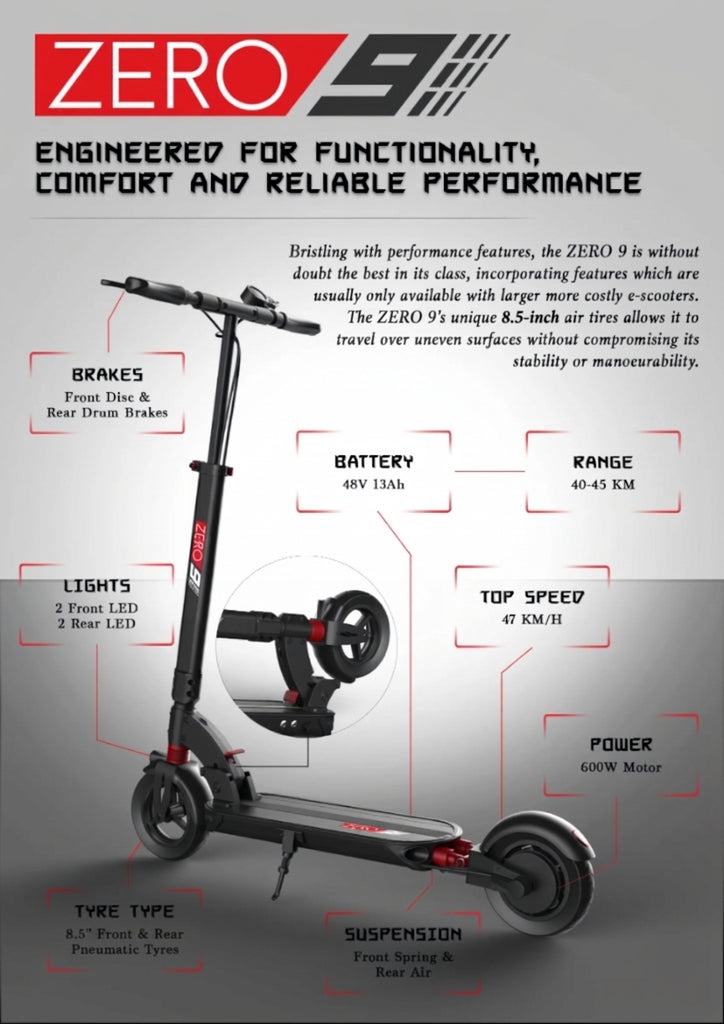 A promotional infographic for the Zero 9 electric scooter, showing the scooter with callout lines and text highlighting features such as brakes, battery, range, top speed, power, and tire type on a gray gradient background.