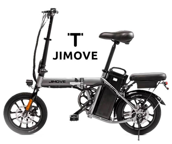 A black and silver JIMOVE folding electric bicycle with a battery mounted on the frame, shown against a plain white background with a JIMOVE logo overlay.