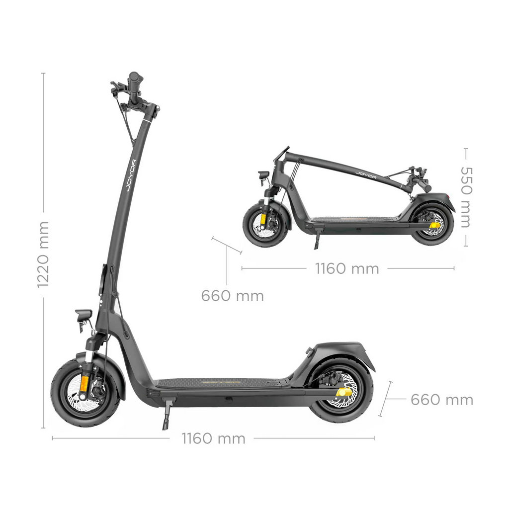 Measurement chart of a folded electric scooter on a white background