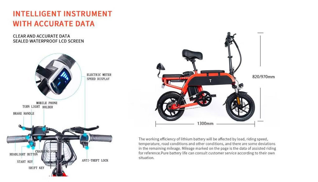 An infographic diagram of a red and black folding electric bicycle, showing labeled close-ups of its handlebars, motor, and screen, alongside dimensions (820/970mm and 1300mm) and descriptive text on a white background.