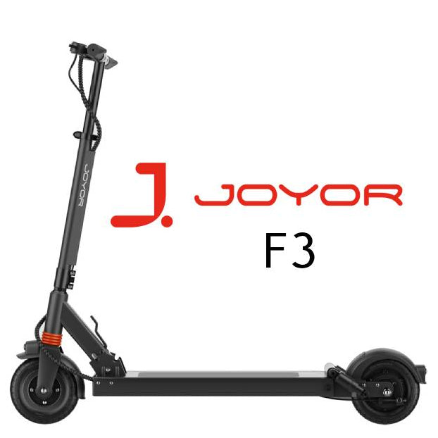 A black JOYOR F3 folding electric scooter shown from a side profile on a white background, with the JOYOR brand name and model 'F3' displayed in red and black text next to it.