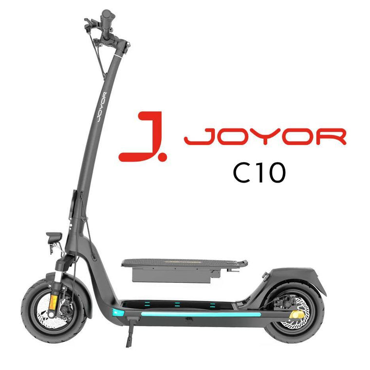 A JOYOR C10 foldable electric scooter in dark gray and black, shown from a side profile view against a white background with the JOYOR C10 branding text overlay. Revolt Malaysia 