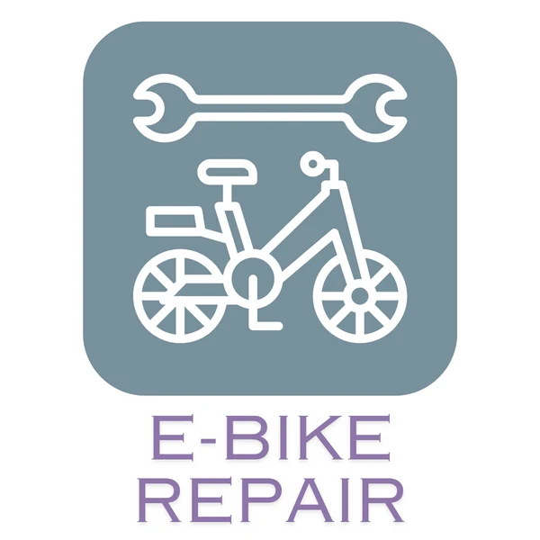 A square blue-gray icon with rounded corners showing a white bicycle and wrench above the words 'EBIKE REPAIR' in purple text, on a white background.