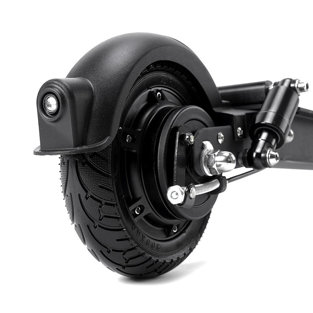 Close-up of a black JOYOR F3 Folding electric scooter wheel with a black fender, front suspension fork, and silver hardware on a white background.