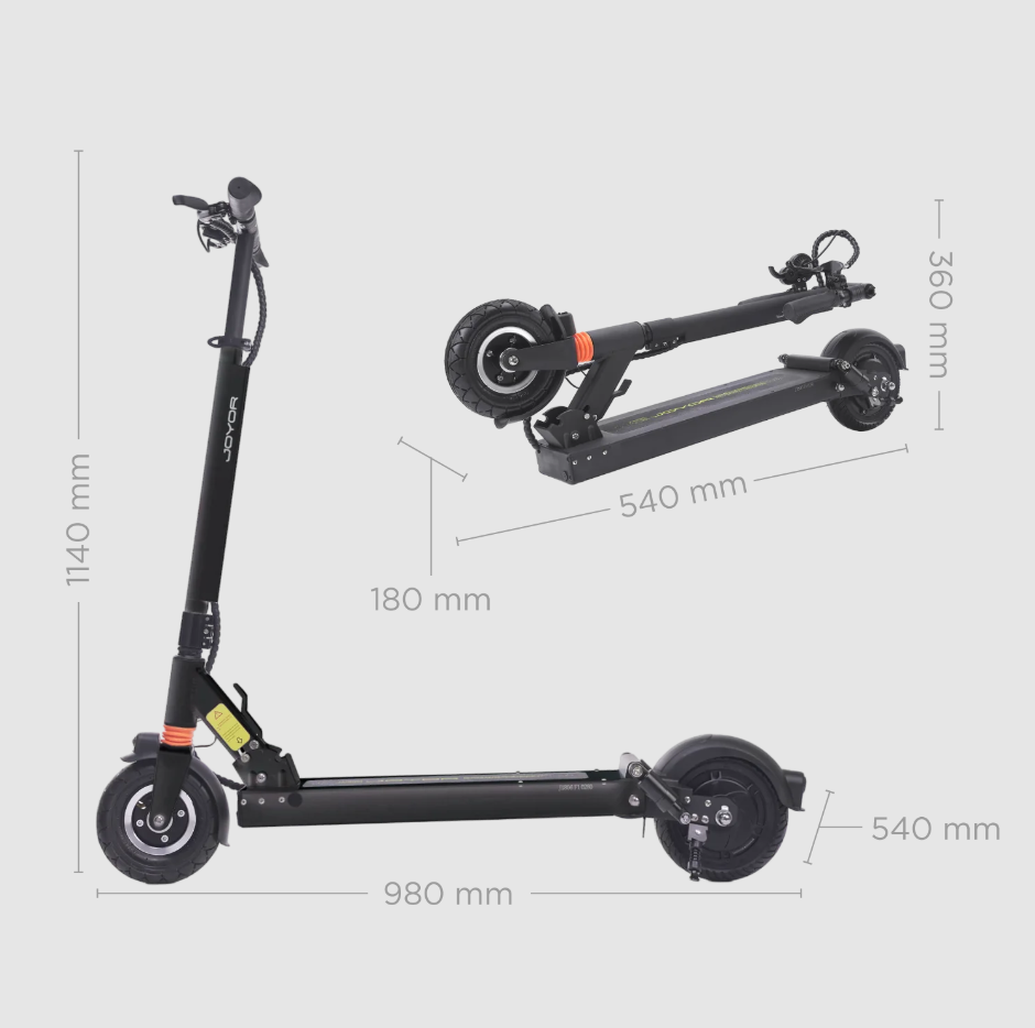 Black JOYOR F3 folding electric scooter shown from multiple angles with dimension labels including 1140 mm height, 980 mm base width, 540 mm wheel diameter, 180 mm fork offset, and 360 mm folded height.
